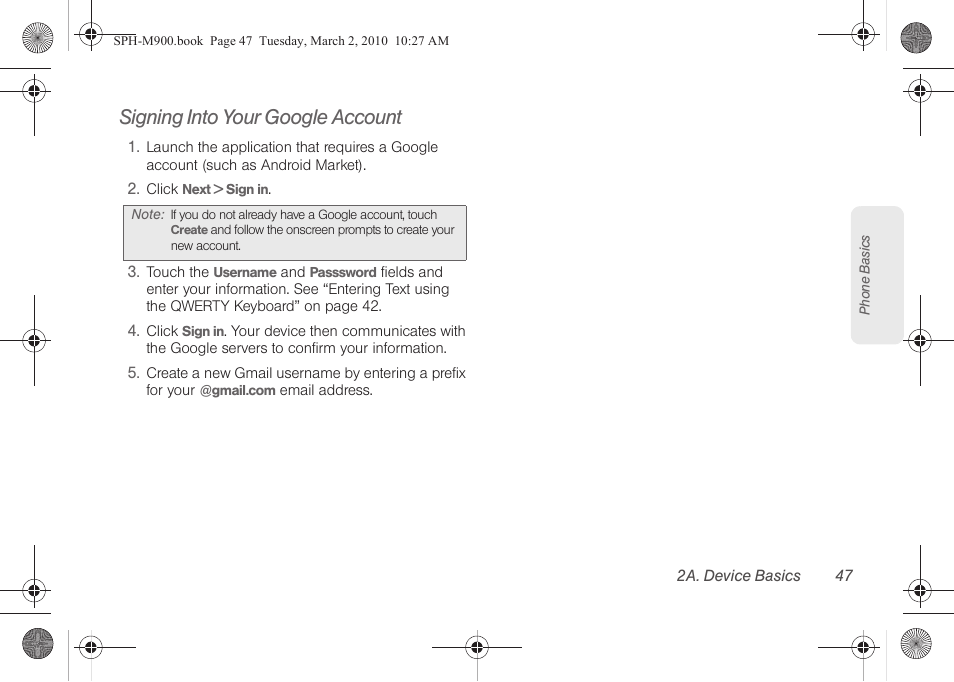 Signing into your google account | Samsung SPH-M900ZKASPR User Manual | Page 59 / 218