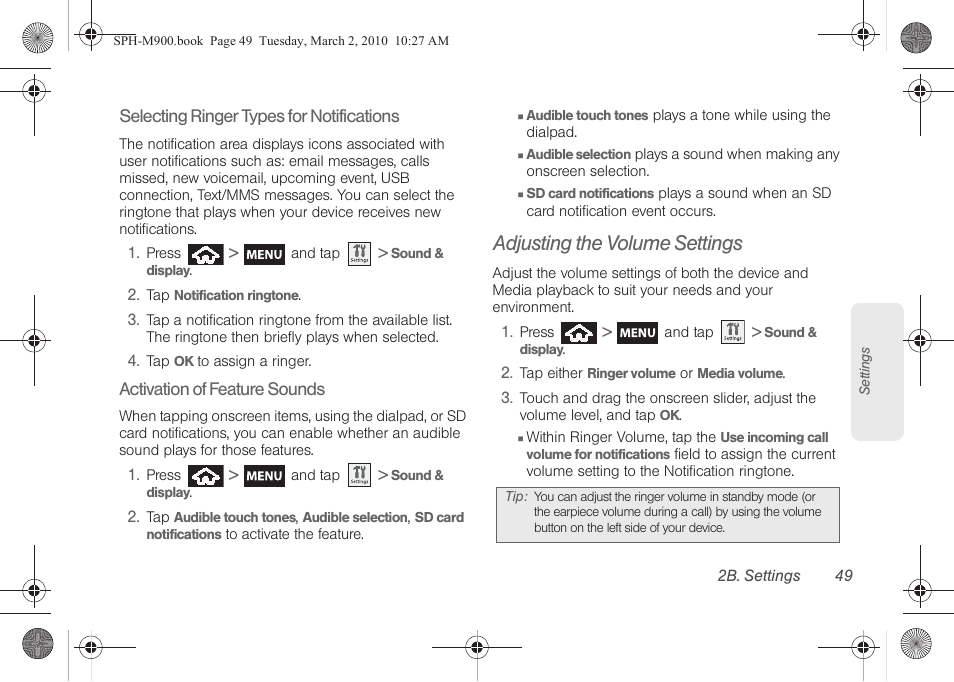 Adjusting the volume settings | Samsung SPH-M900ZKASPR User Manual | Page 61 / 218