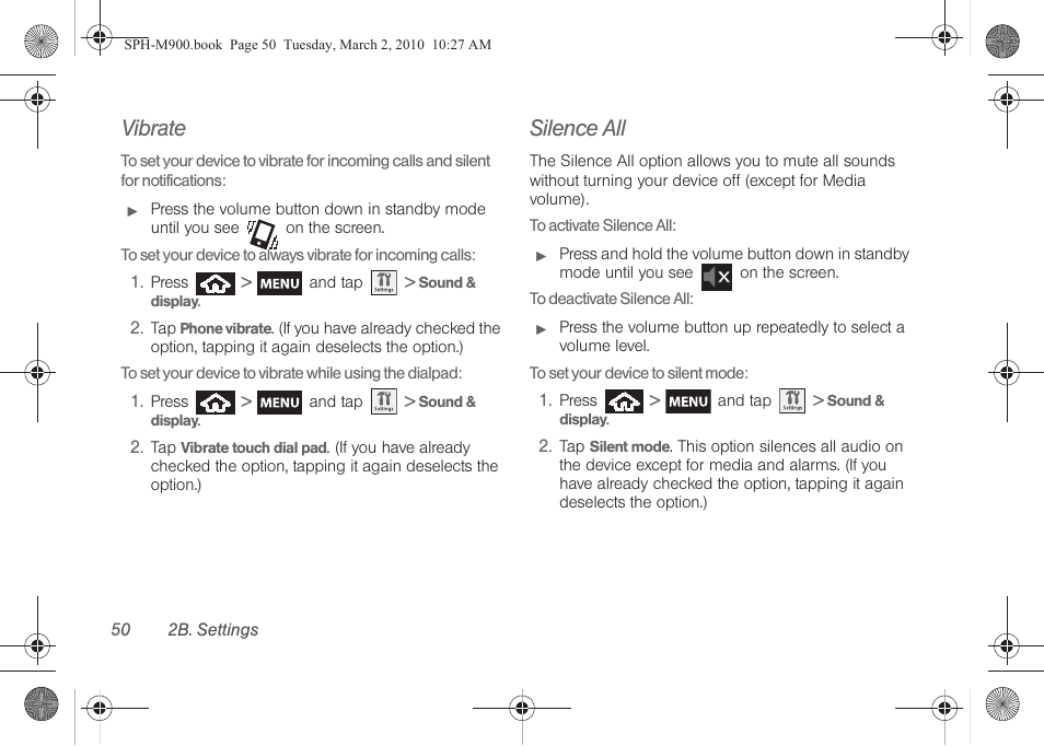 Vibrate, Silence all | Samsung SPH-M900ZKASPR User Manual | Page 62 / 218
