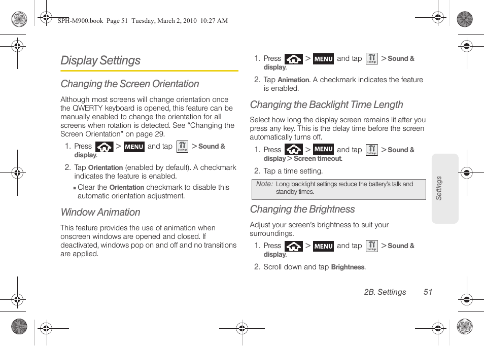 Display settings, Changing the screen orientation, Window animation | Changing the backlight time length, Changing the brightness | Samsung SPH-M900ZKASPR User Manual | Page 63 / 218