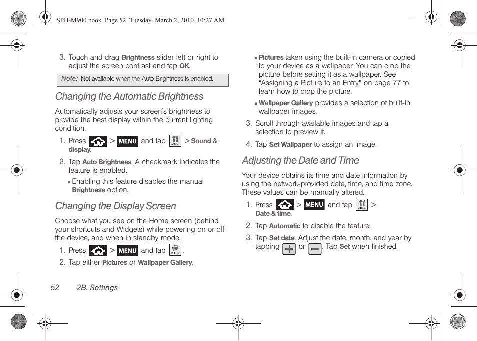 Changing the automatic brightness, Changing the display screen, Adjusting the date and time | Samsung SPH-M900ZKASPR User Manual | Page 64 / 218