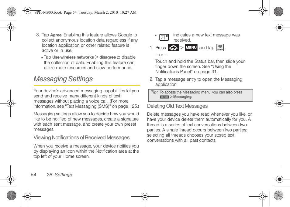 Messaging settings | Samsung SPH-M900ZKASPR User Manual | Page 66 / 218