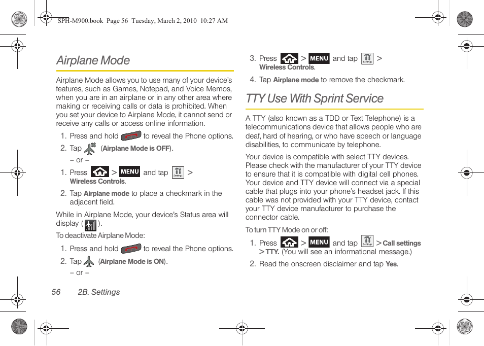 Airplane mode, Tty use with sprint service | Samsung SPH-M900ZKASPR User Manual | Page 68 / 218