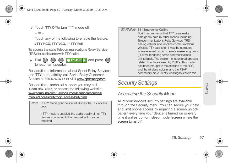 Security settings, Accessing the security menu | Samsung SPH-M900ZKASPR User Manual | Page 69 / 218