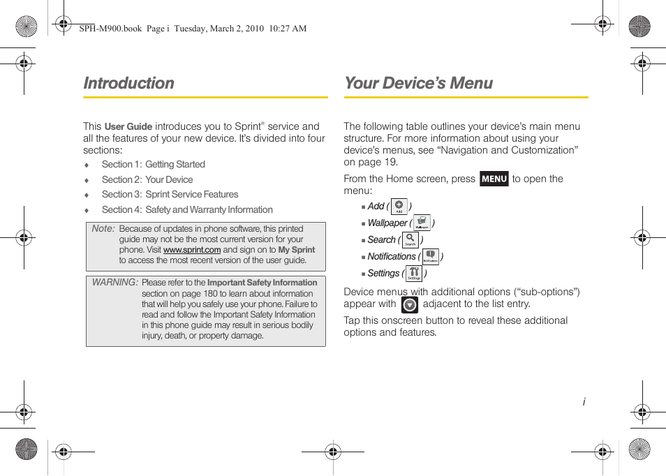 Introduction, Your device’s menu | Samsung SPH-M900ZKASPR User Manual | Page 7 / 218