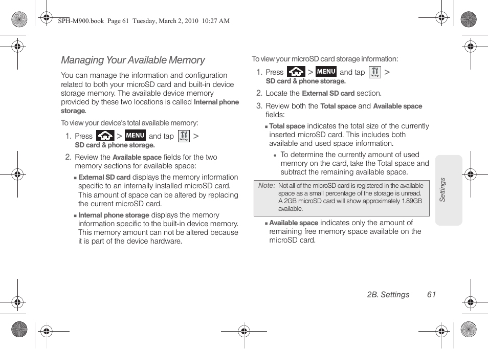 Managing your available memory | Samsung SPH-M900ZKASPR User Manual | Page 73 / 218