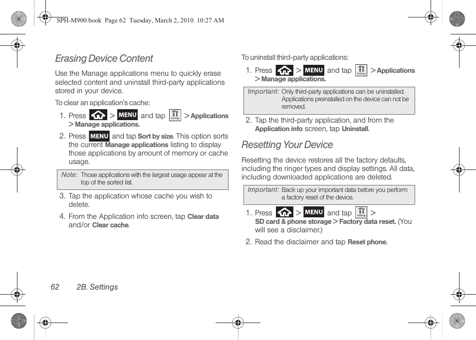 Erasing device content, Resetting your device | Samsung SPH-M900ZKASPR User Manual | Page 74 / 218