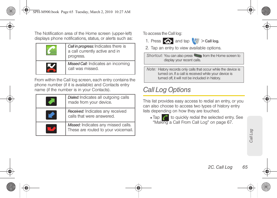 Call log options | Samsung SPH-M900ZKASPR User Manual | Page 77 / 218