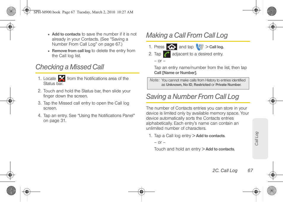 Checking a missed call, Making a call from call log, Saving a number from call log | Samsung SPH-M900ZKASPR User Manual | Page 79 / 218