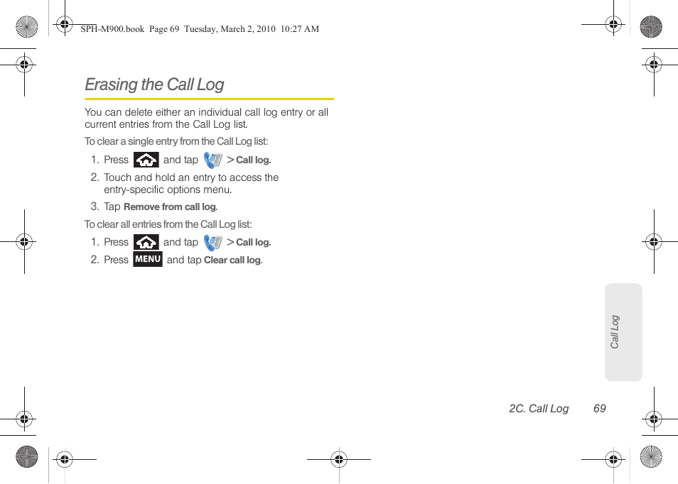 Erasing the call log | Samsung SPH-M900ZKASPR User Manual | Page 81 / 218