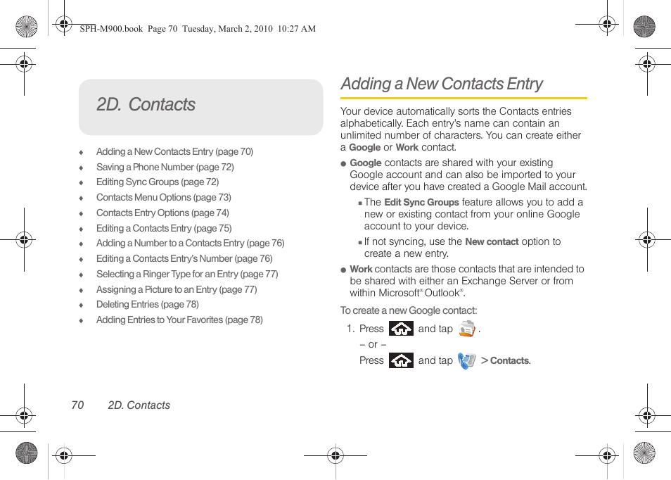 2d. contacts, Adding a new contacts entry | Samsung SPH-M900ZKASPR User Manual | Page 82 / 218