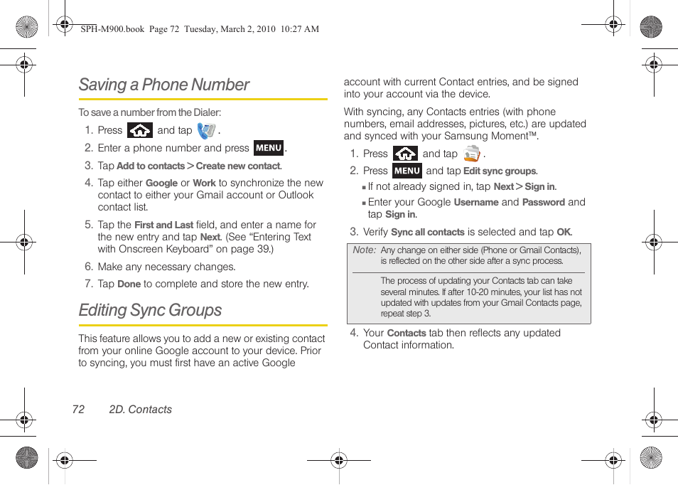 Saving a phone number, Editing sync groups | Samsung SPH-M900ZKASPR User Manual | Page 84 / 218