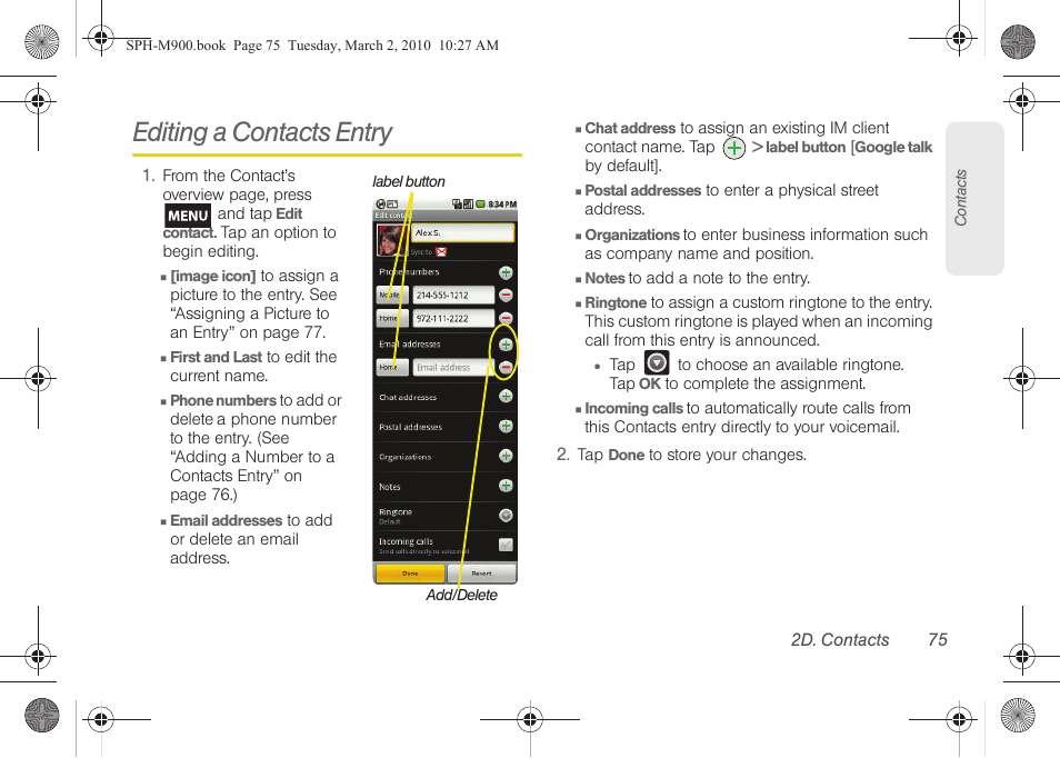 Editing a contacts entry | Samsung SPH-M900ZKASPR User Manual | Page 87 / 218