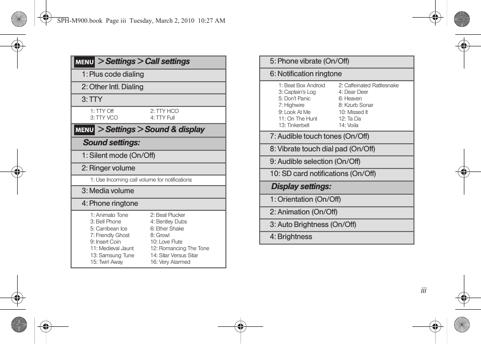 Settings > call settings, Settings > sound & display sound settings, Display settings | Samsung SPH-M900ZKASPR User Manual | Page 9 / 218