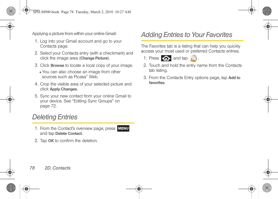 Deleting entries, Adding entries to your favorites | Samsung SPH-M900ZKASPR User Manual | Page 90 / 218