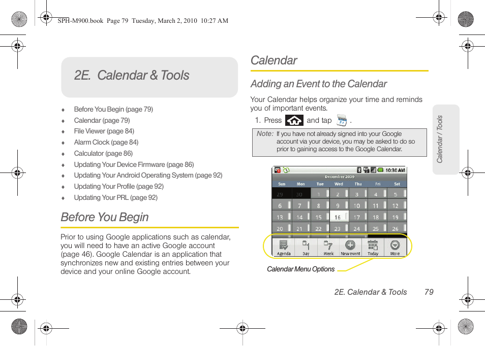 2e. calendar & tools, Before you begin, Calendar | Adding an event to the calendar | Samsung SPH-M900ZKASPR User Manual | Page 91 / 218