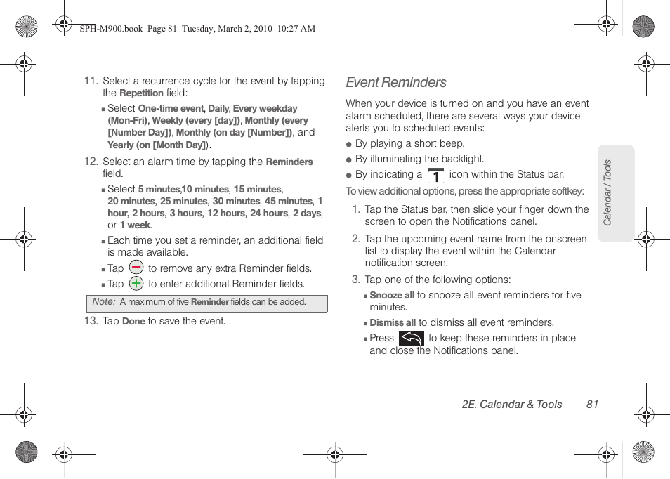 Event reminders | Samsung SPH-M900ZKASPR User Manual | Page 93 / 218