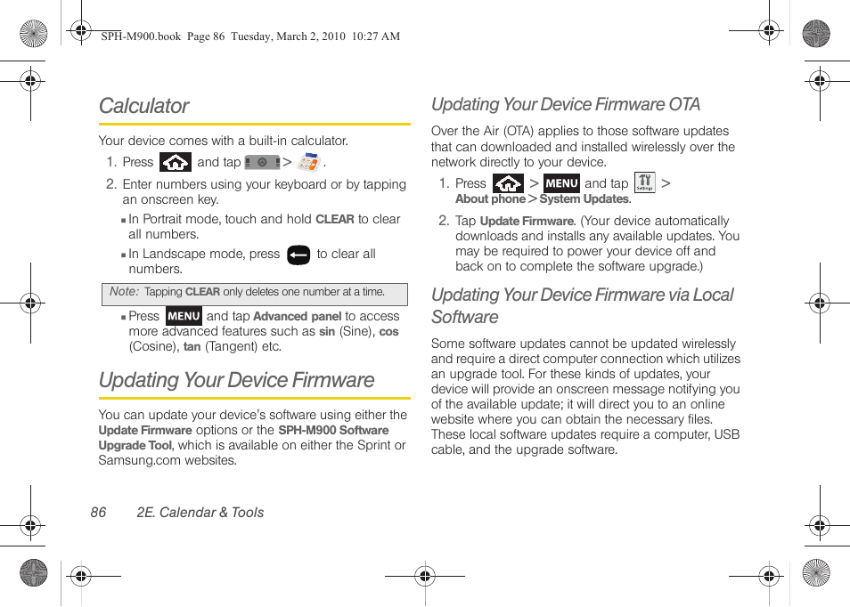 Calculator, Updating your device firmware, Updating your device firmware ota | Updating your device firmware via local software | Samsung SPH-M900ZKASPR User Manual | Page 98 / 218