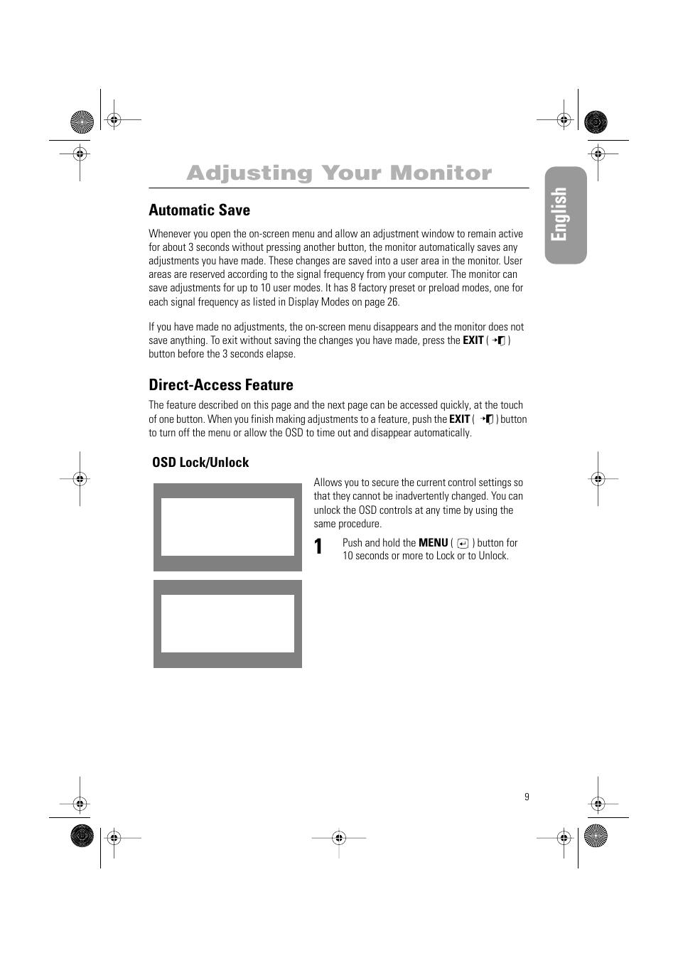English, Adjusting your monitor, Automatic save | Direct-access feature | Samsung PG19RS9T User Manual | Page 11 / 29