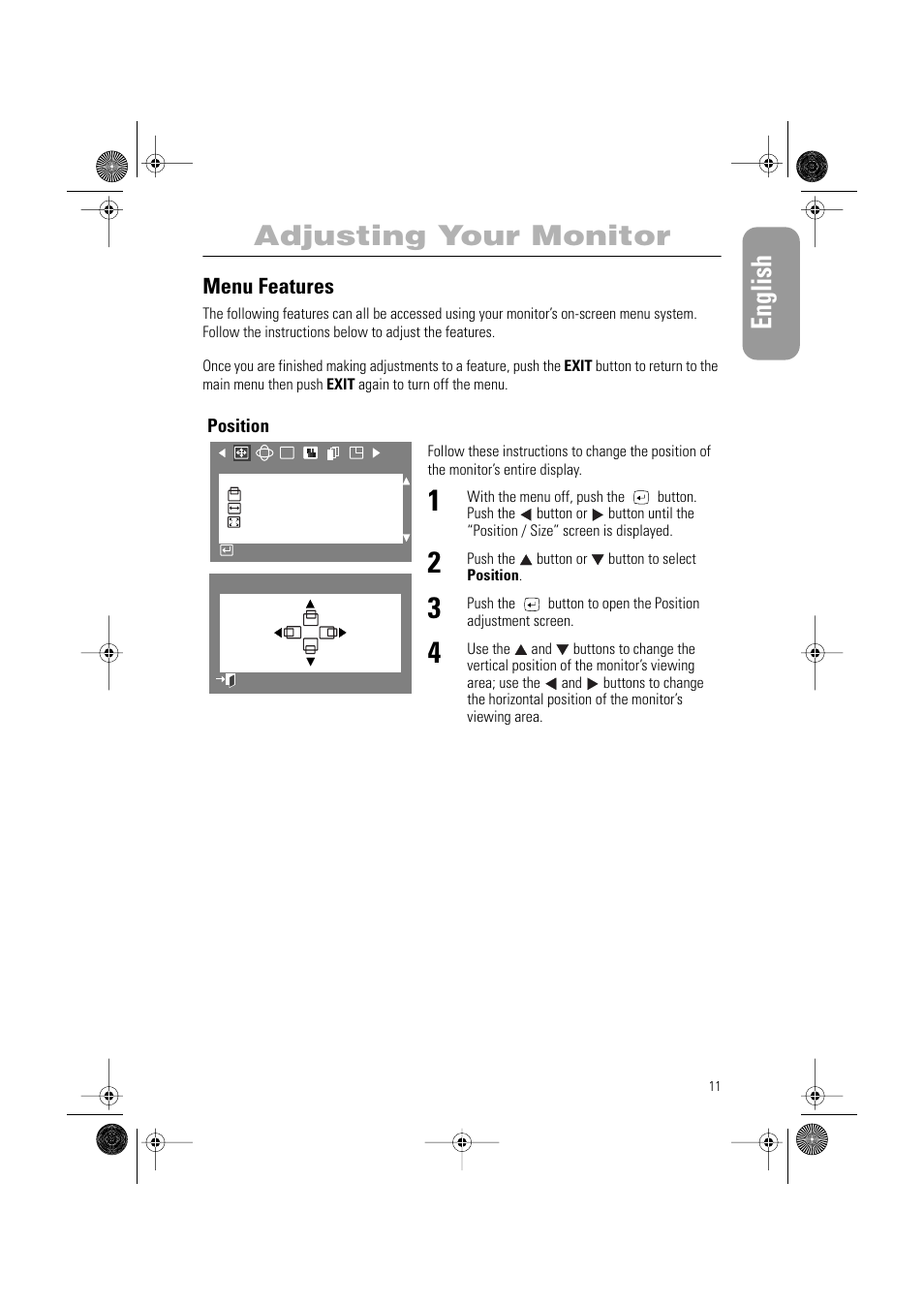 English, Adjusting your monitor, Menu features | Samsung PG19RS9T User Manual | Page 13 / 29