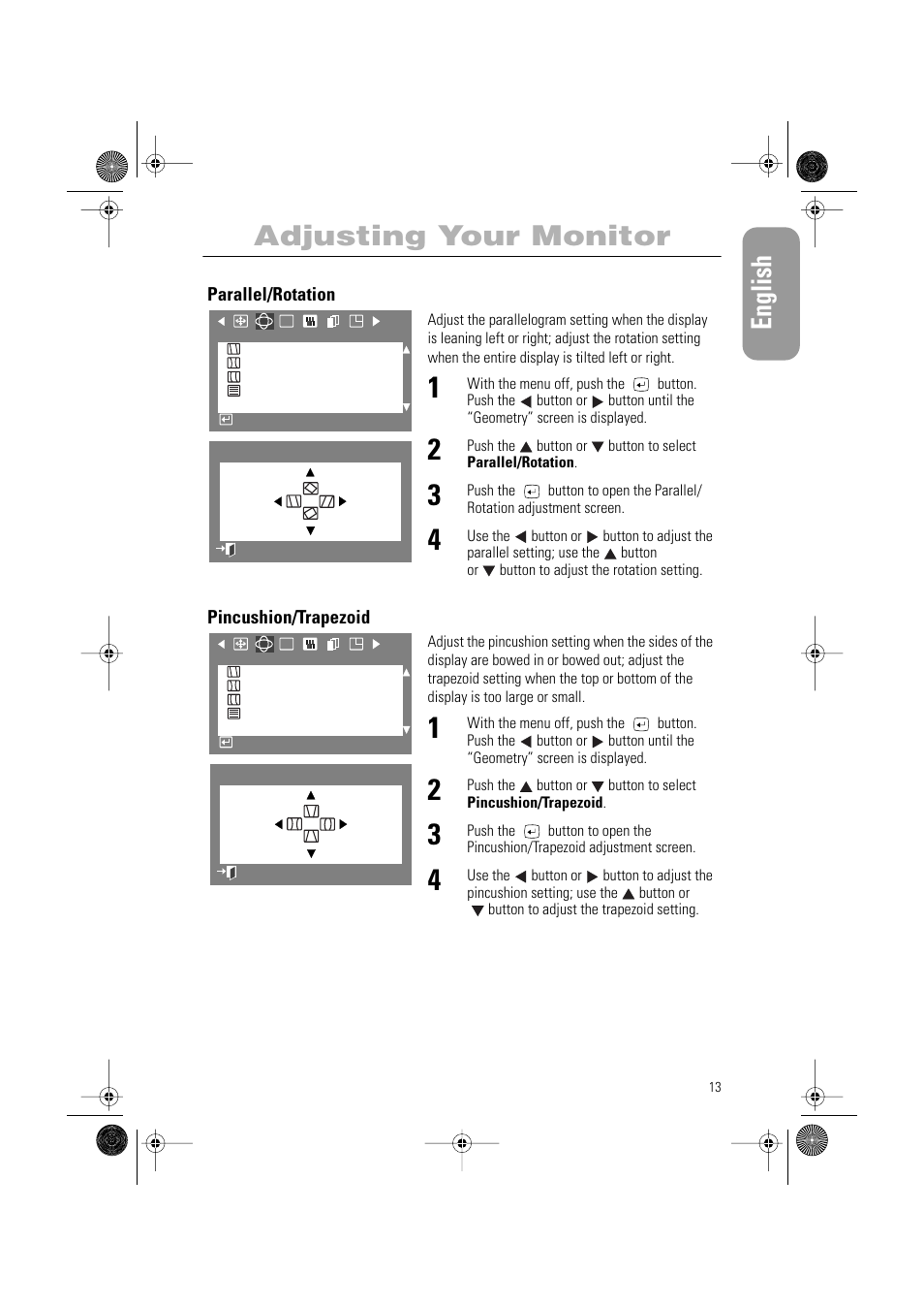 English, Adjusting your monitor | Samsung PG19RS9T User Manual | Page 15 / 29