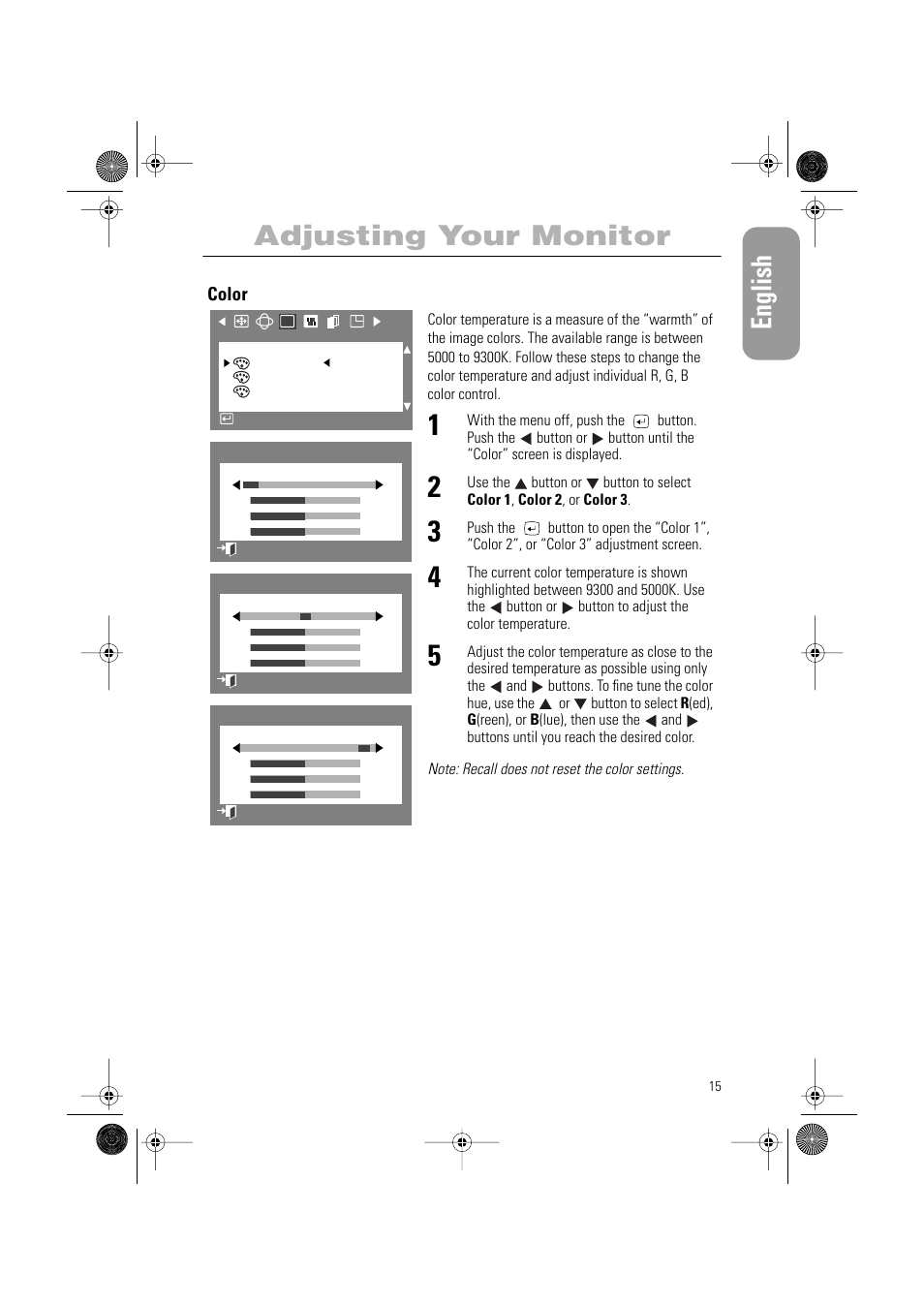 English, Adjusting your monitor | Samsung PG19RS9T User Manual | Page 17 / 29