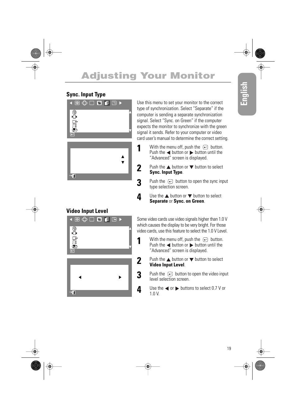 English, Adjusting your monitor | Samsung PG19RS9T User Manual | Page 21 / 29