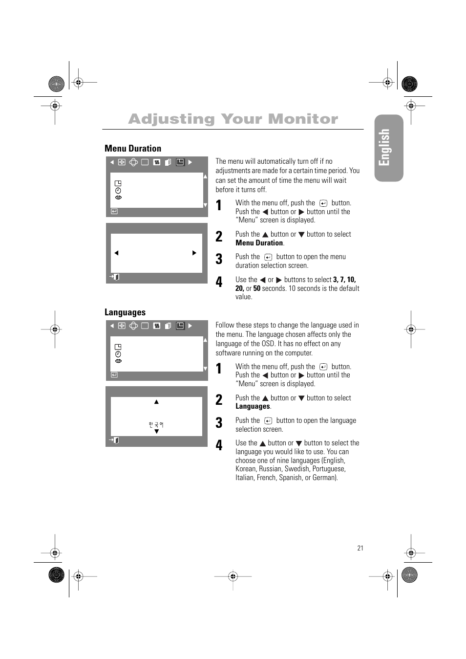 English, Adjusting your monitor | Samsung PG19RS9T User Manual | Page 23 / 29