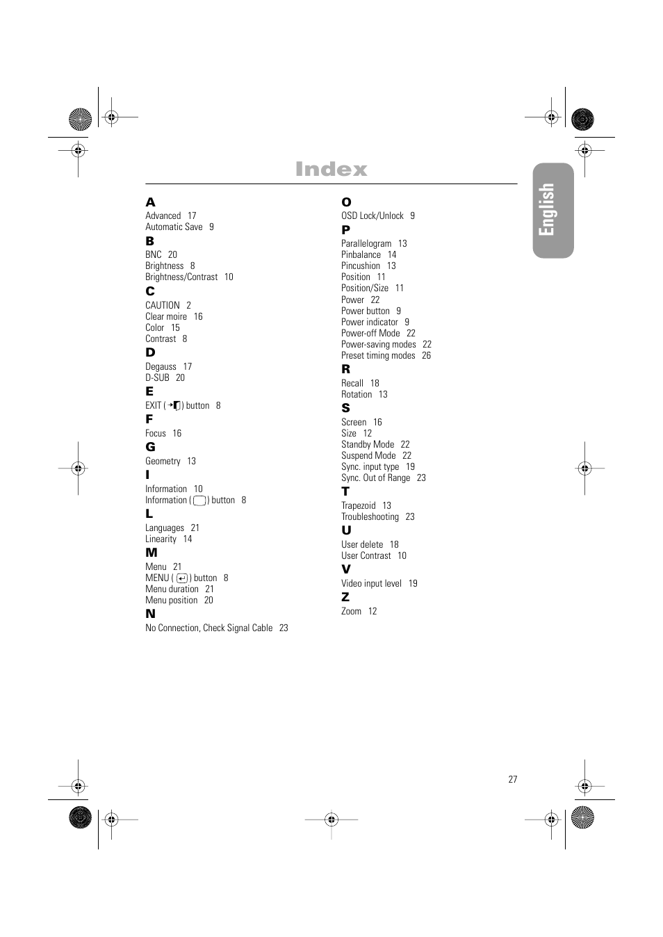 English, Index | Samsung PG19RS9T User Manual | Page 29 / 29
