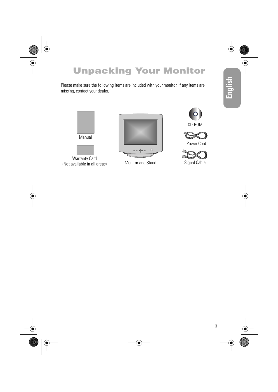 English, Unpacking your monitor | Samsung PG19RS9T User Manual | Page 5 / 29