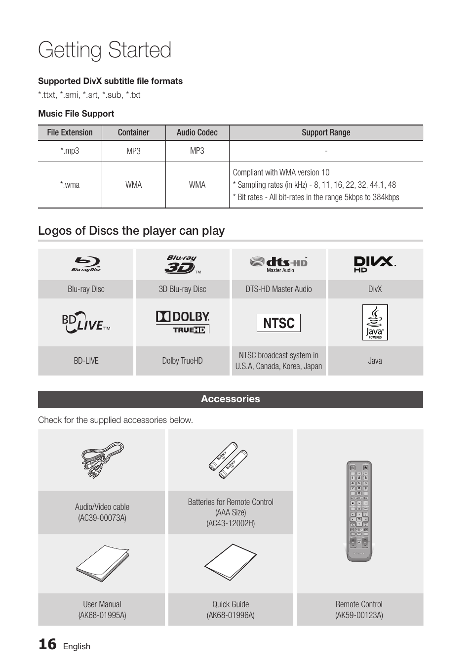 Logos of discs the player can play, Accessories, 16 accessories | Getting started, Check for the supplied accessories below, English | Samsung BD-D5500-ZA User Manual | Page 16 / 81