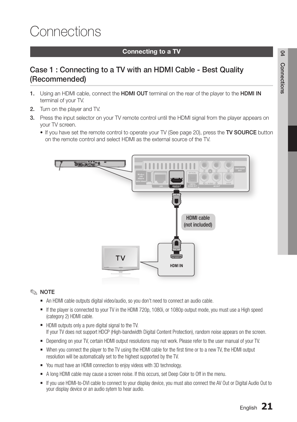 Connections, Connecting to a tv, 21 connecting to a tv | Case 1 : connecting to a tv with an hdmi cable, Best quality (recommended) | Samsung BD-D5500-ZA User Manual | Page 21 / 81