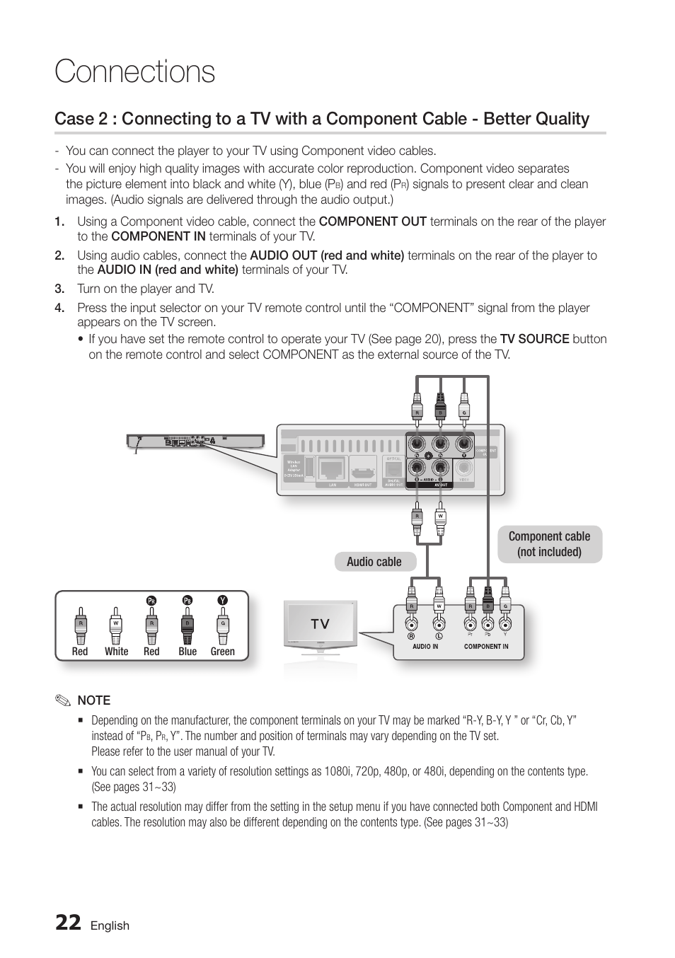 Case 2 : connecting to a tv with a component, Cable - better quality, Connections | Samsung BD-D5500-ZA User Manual | Page 22 / 81
