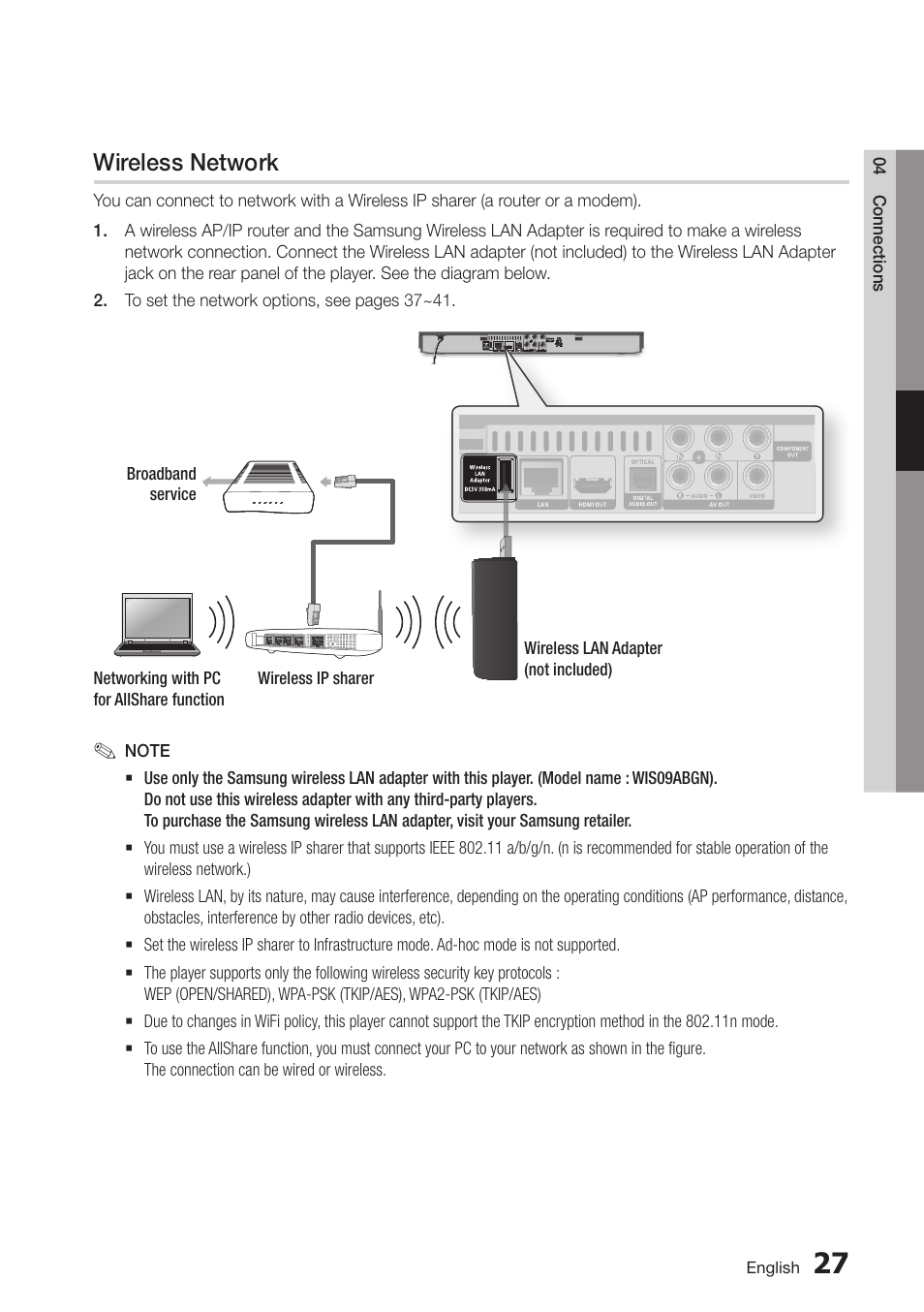 Wireless network | Samsung BD-D5500-ZA User Manual | Page 27 / 81