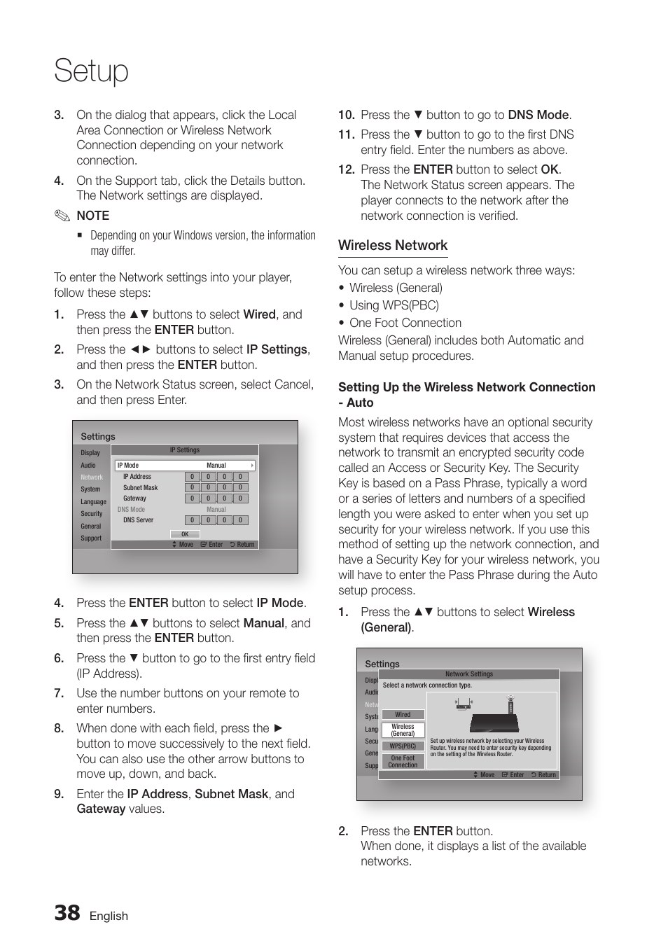 Setup, Wireless network | Samsung BD-D5500-ZA User Manual | Page 38 / 81