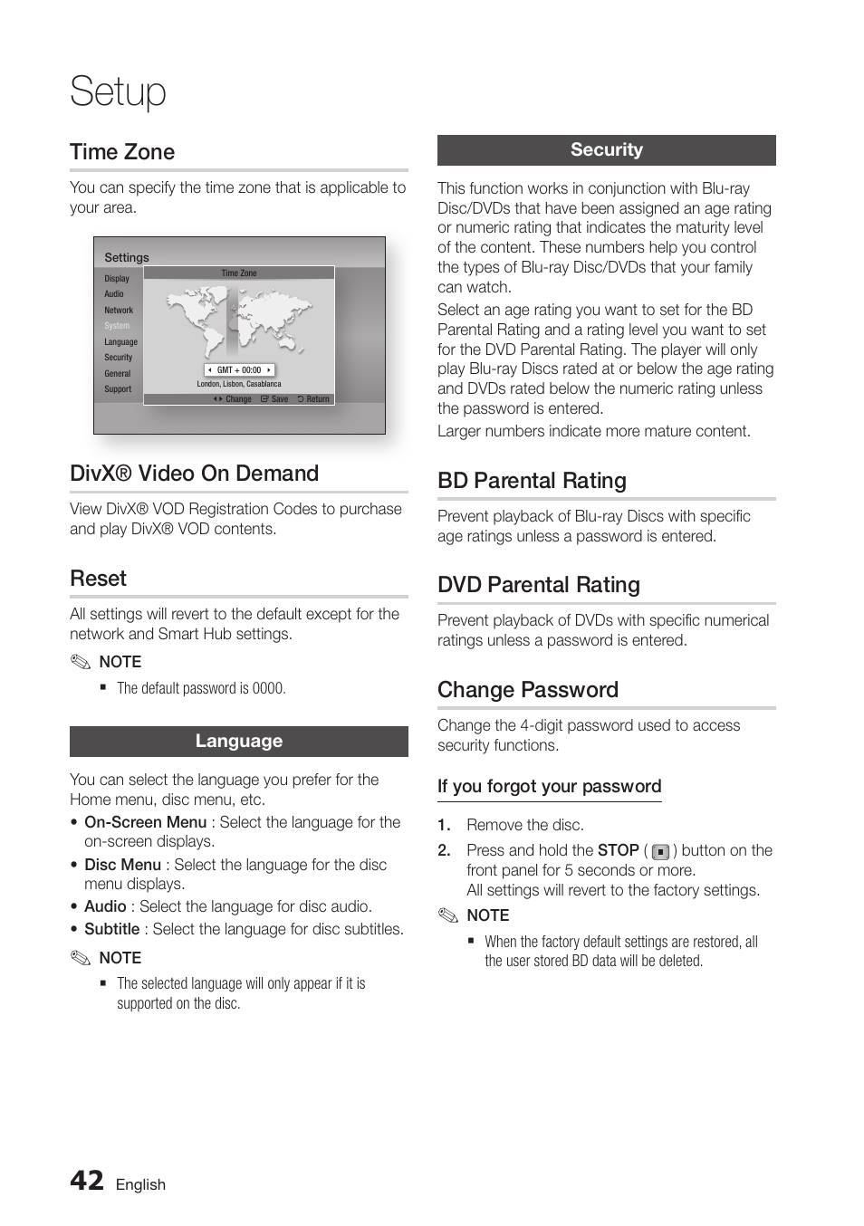 Time zone, Divx® video on demand, Reset | Language, Security, Bd parental rating, Dvd parental rating, Change password, 42 reset, 42 language | Samsung BD-D5500-ZA User Manual | Page 42 / 81