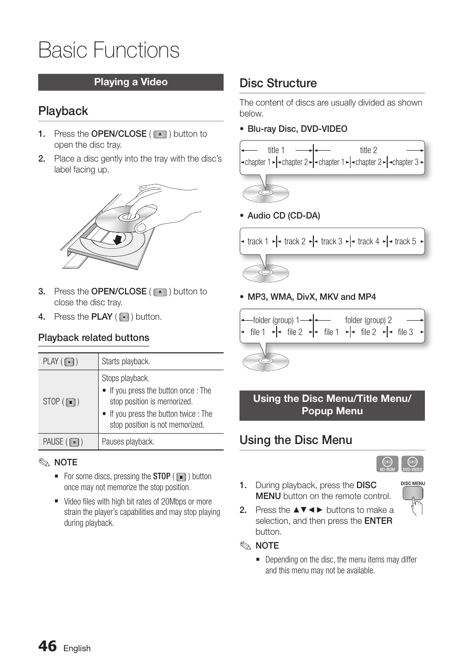 Basic functions, Playing a video, Playback | Disc structure, Using the disc menu/title menu/ popup menu, Using the disc menu, 46 playing a video, 46 playback, 46 using the disc menu/title menu/popup menu | Samsung BD-D5500-ZA User Manual | Page 46 / 81