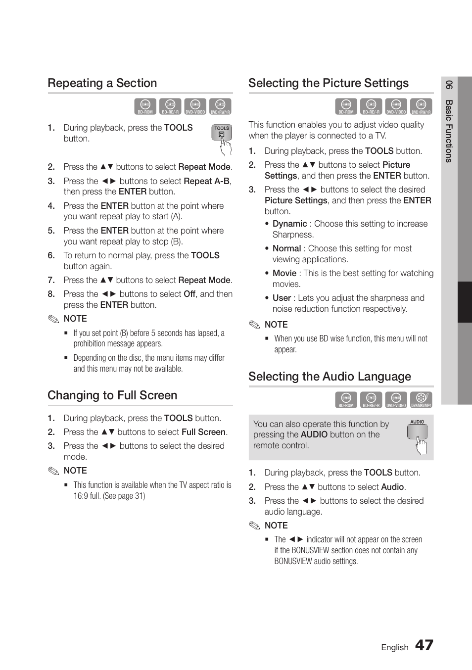 Repeating a section, Changing to full screen, Selecting the picture settings | Selecting the audio language | Samsung BD-D5500-ZA User Manual | Page 49 / 81