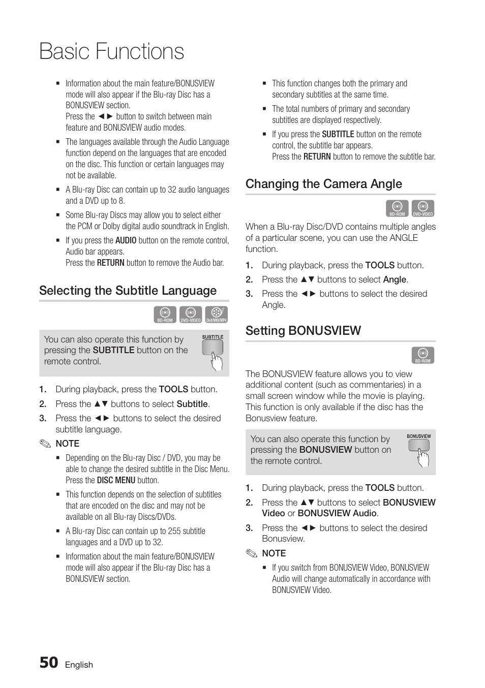 Selecting the subtitle language, Changing the camera angle, Setting bonusview | Basic functions | Samsung BD-D5500-ZA User Manual | Page 50 / 81