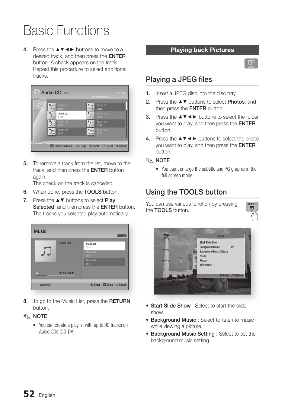 Playing back pictures, Playing a jpeg files, Using the tools button | 52 playing back pictures, Basic functions | Samsung BD-D5500-ZA User Manual | Page 52 / 81