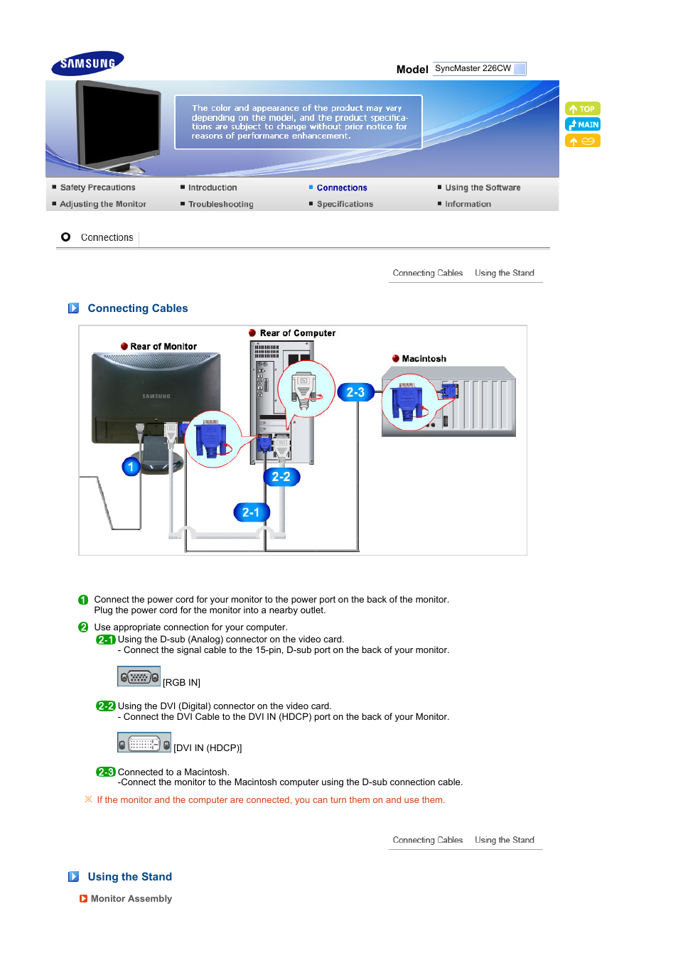 Connections, Connecting cables, Using the stand | Samsung LS22MEXSFV-XAA User Manual | Page 15 / 53