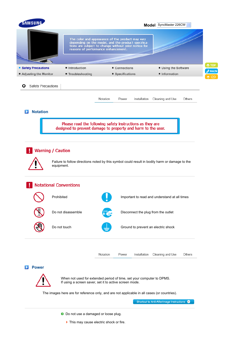 Safety precautions, Notation, Power | Samsung LS22MEXSFV-XAA User Manual | Page 2 / 53