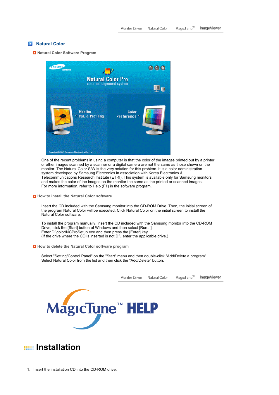 Natural color, Magictune, Installation | Samsung LS22MEXSFV-XAA User Manual | Page 26 / 53