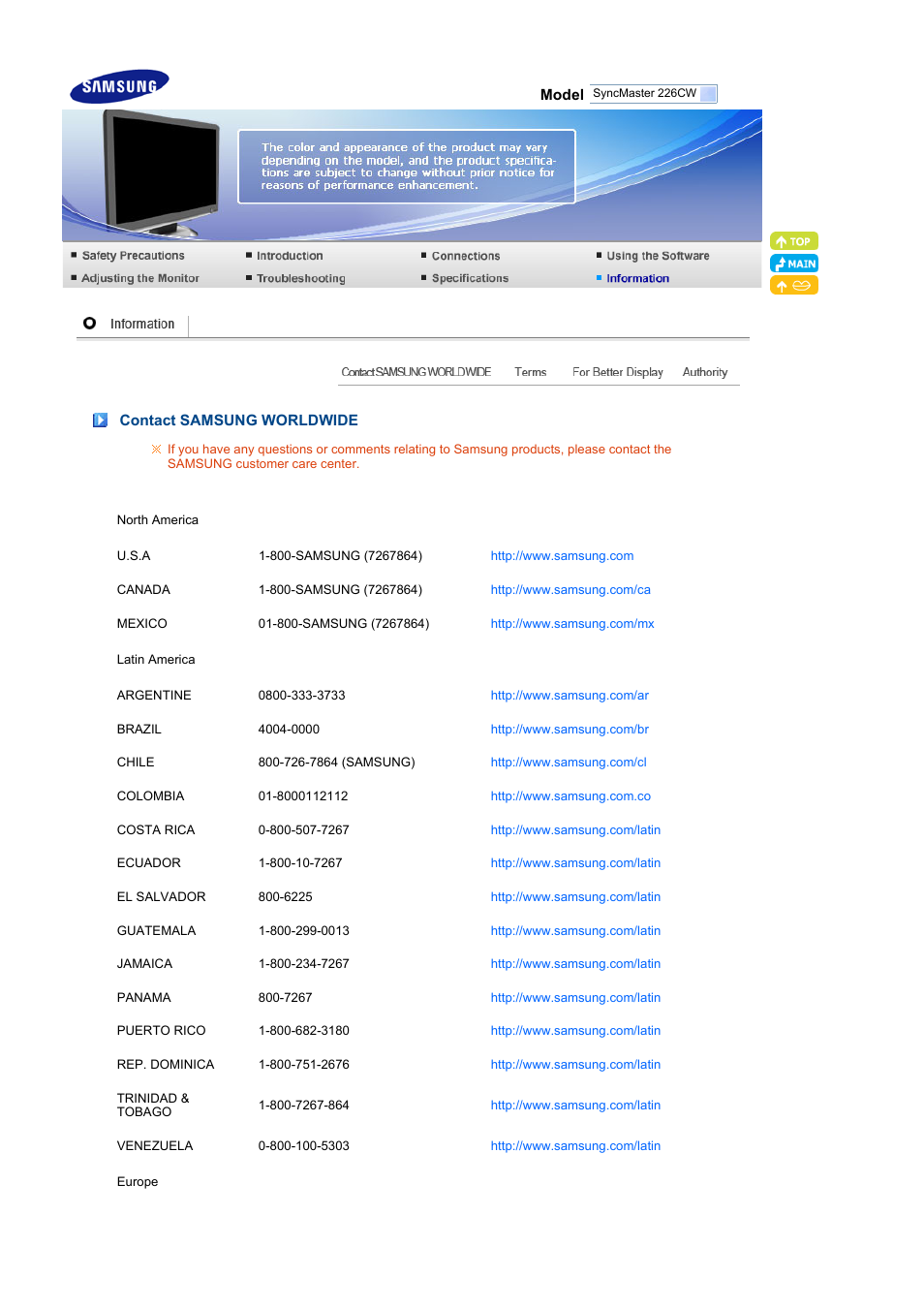 Information, Contact samsung worldwide | Samsung LS22MEXSFV-XAA User Manual | Page 48 / 53