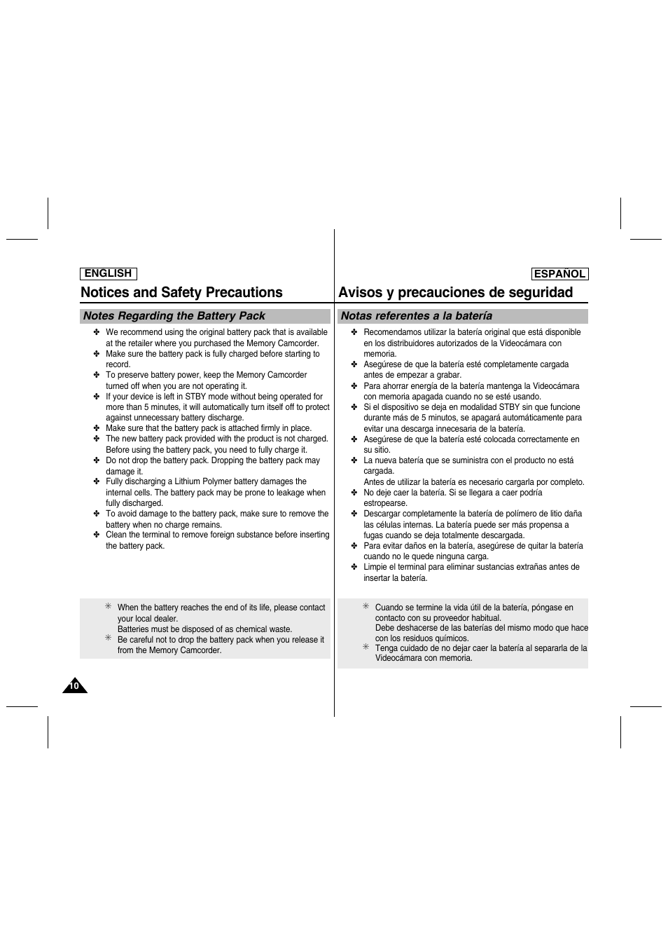 Notices and safety precautions, Avisos y precauciones de seguridad, Notas referentes a la batería | Samsung SC-MM10S-XAA User Manual | Page 10 / 139