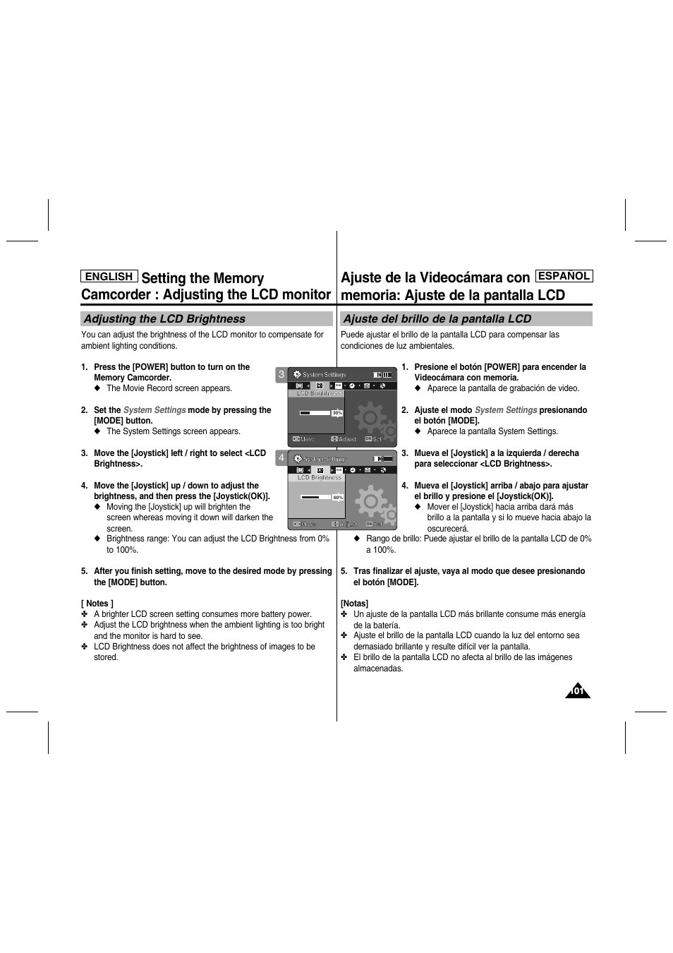 Adjusting the lcd brightness, Ajuste del brillo de la pantalla lcd, English español | English | Samsung SC-MM10S-XAA User Manual | Page 101 / 139