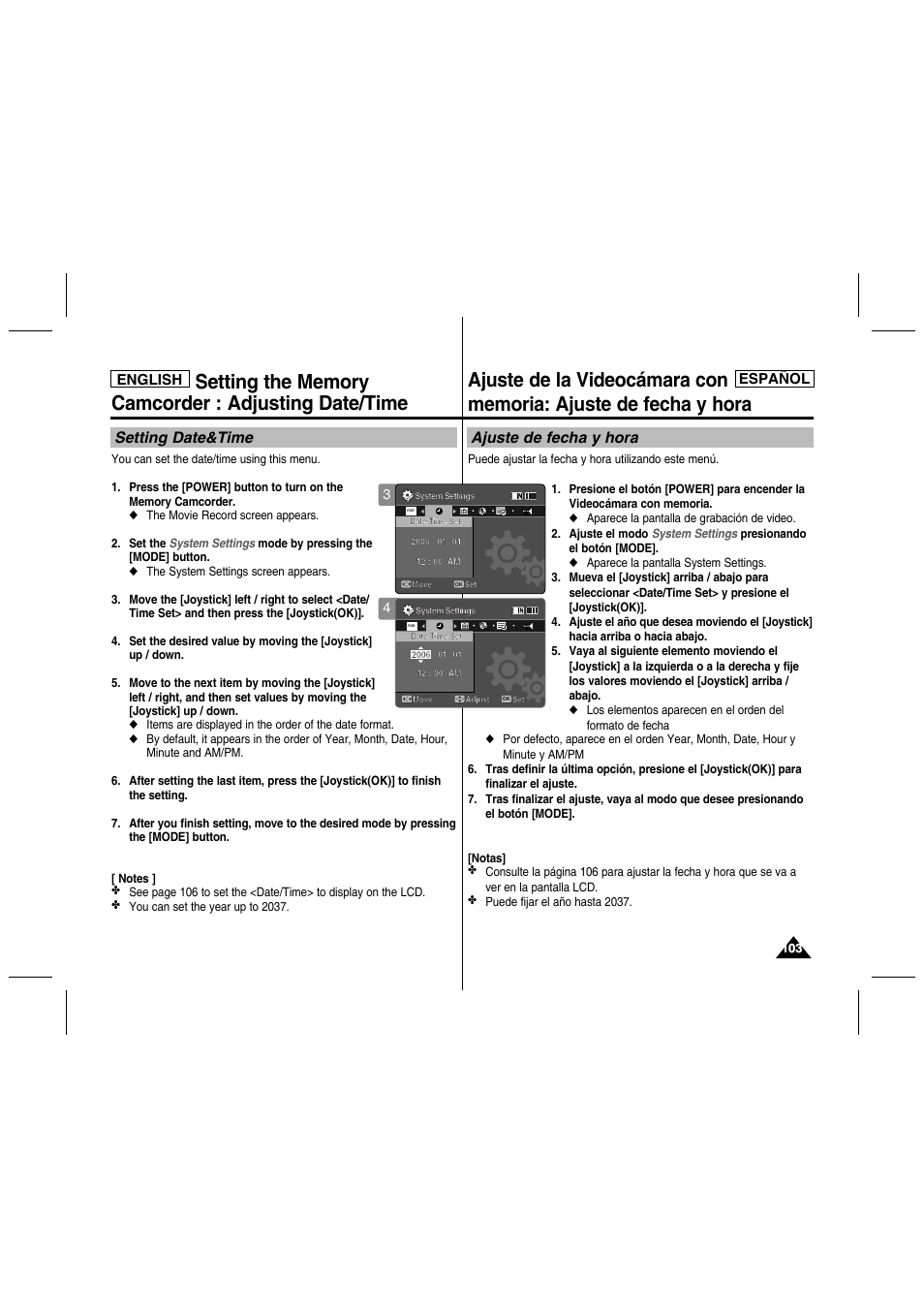 Setting date&time, Ajuste de fecha y hora, English español | English | Samsung SC-MM10S-XAA User Manual | Page 103 / 139