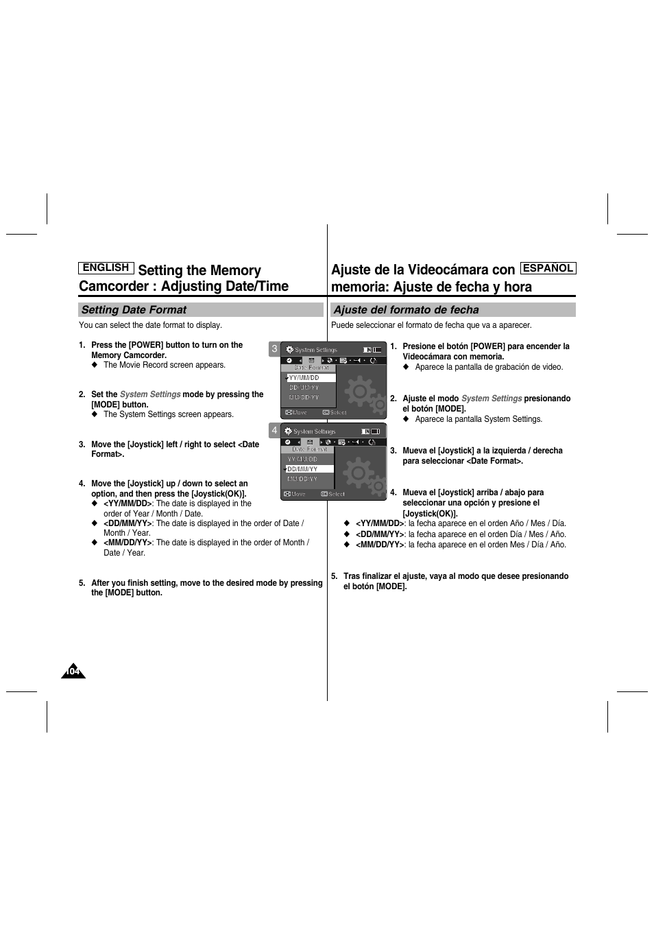 Setting date format, Ajuste del formato de fecha, English español | Samsung SC-MM10S-XAA User Manual | Page 104 / 139