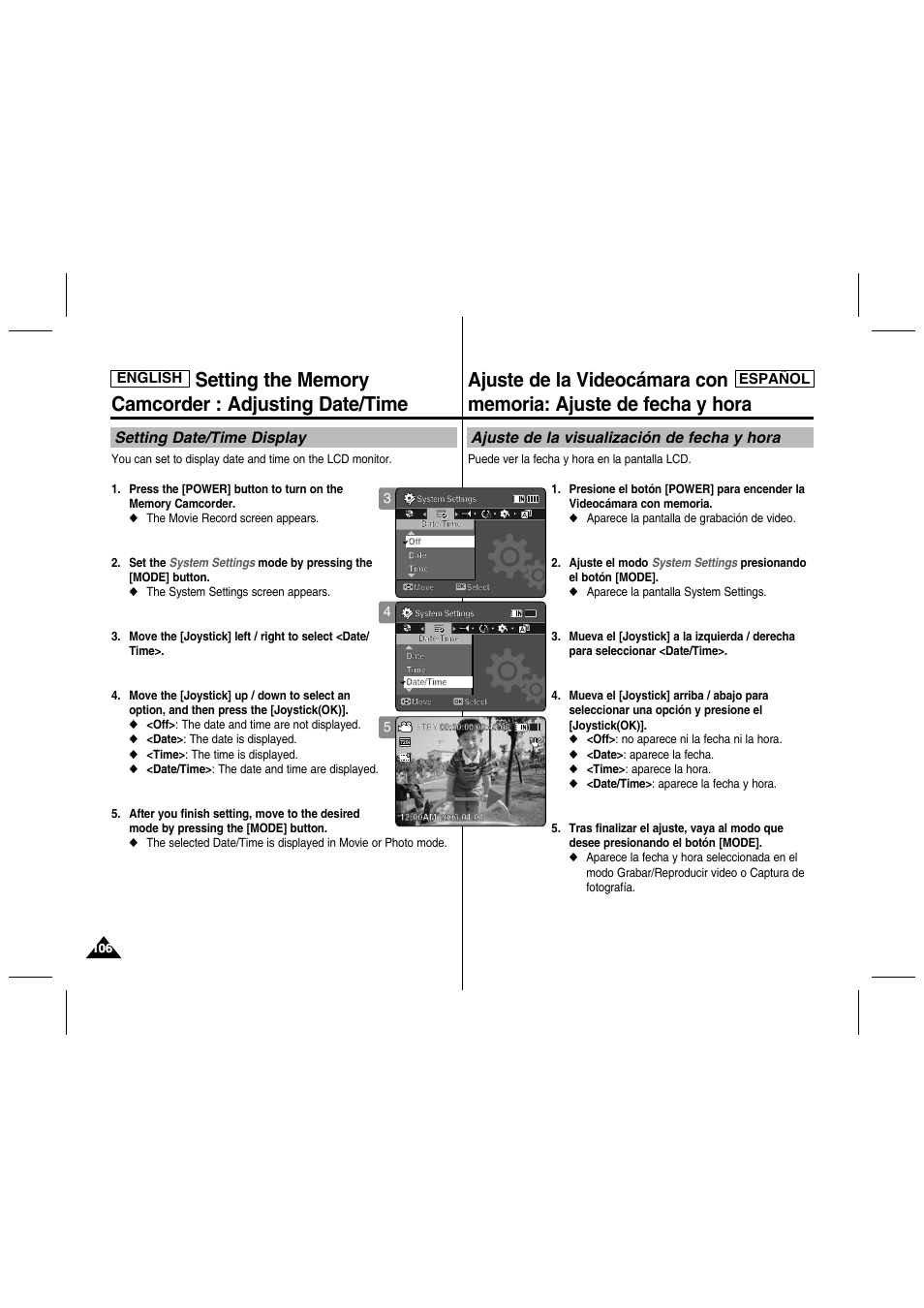 Setting date/time display, Ajuste de la visualización de fecha y hora, English español | Samsung SC-MM10S-XAA User Manual | Page 106 / 139