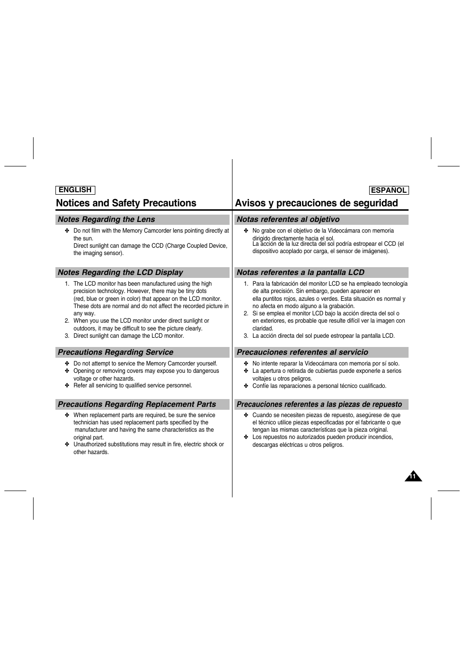 Notices and safety precautions, Avisos y precauciones de seguridad | Samsung SC-MM10S-XAA User Manual | Page 11 / 139